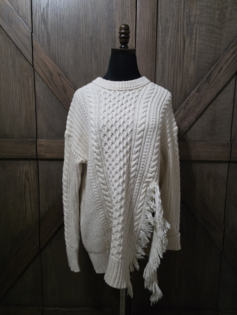 J. Crew Cream Cable Knit Crewneck Sweater with Fringe